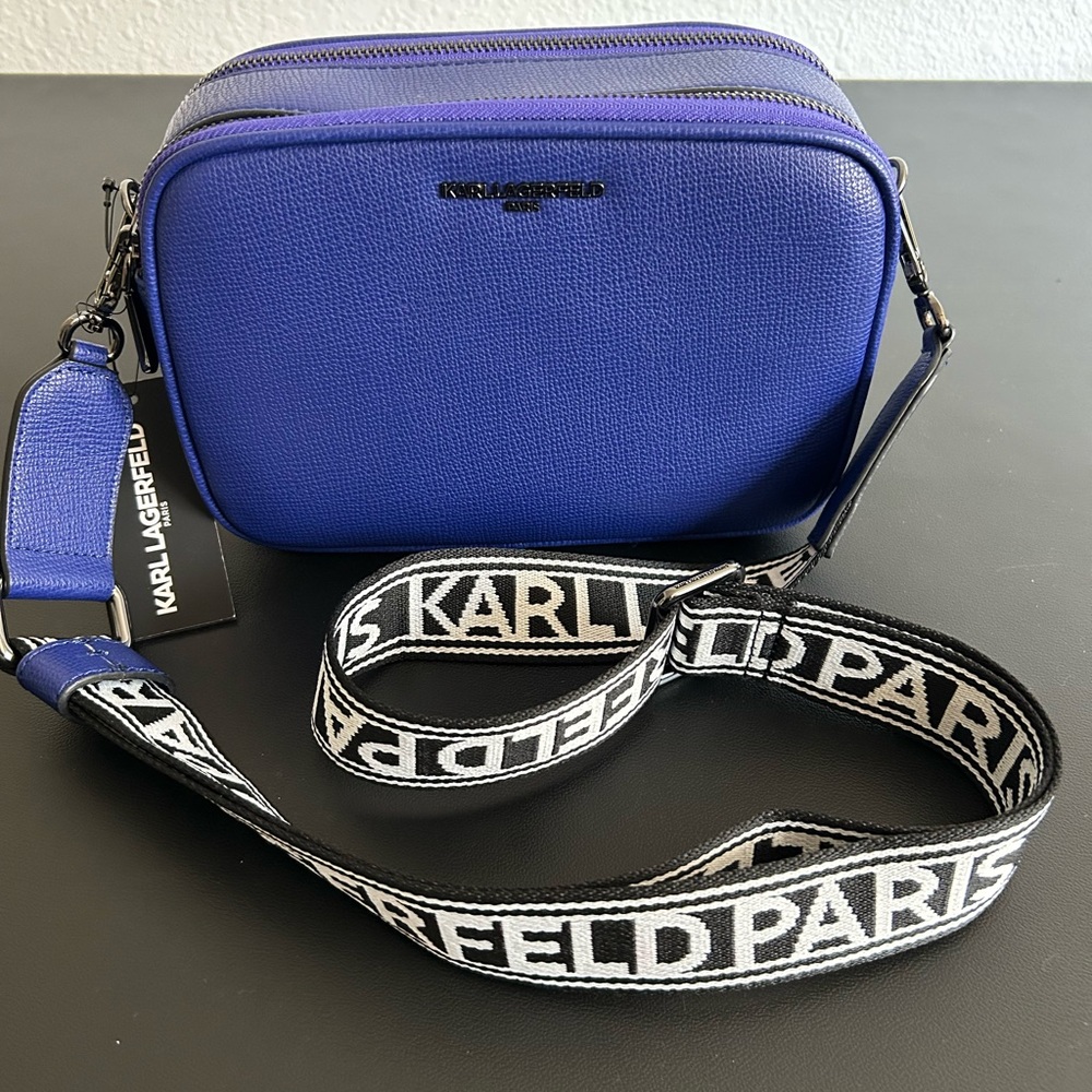 NEW KARL LAGERFELD MAYBELLE Black/L Sea/Diva Blue Crossbody Bag DOUBLE ZIPPER